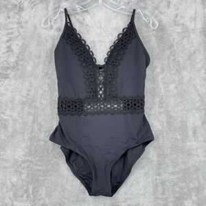 Becca Swimsiut Womens Large One Piece Sheer Lace Trim Beach Resort Feminine Tie